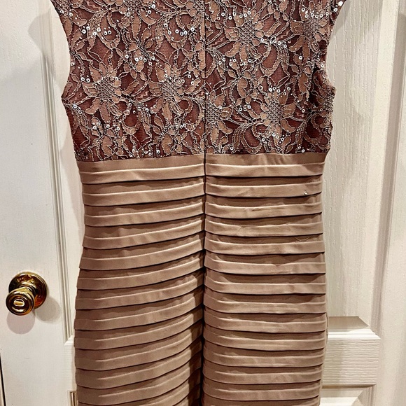 R&M Richard’s Taupe lace bodice with sequin padded chest tiered skirt. Size 12P - Picture 5 of 5